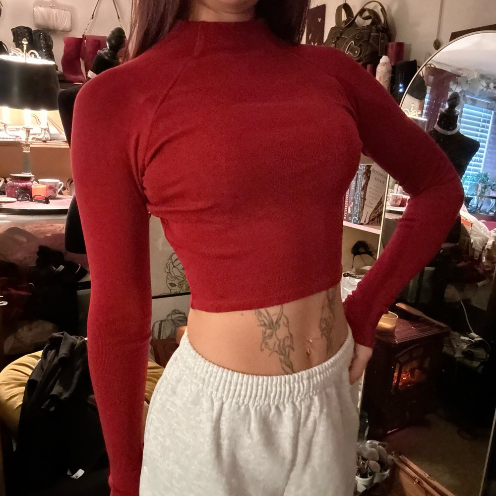 New Zara Red Long Sleeve Mock Crop Top